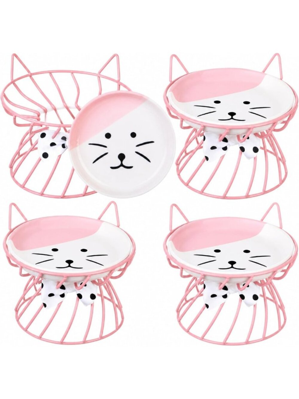 Elevated Cat Bowls Set - 4 Pcs Raised Food & Water Bowls, Bow Tie Design, Pink